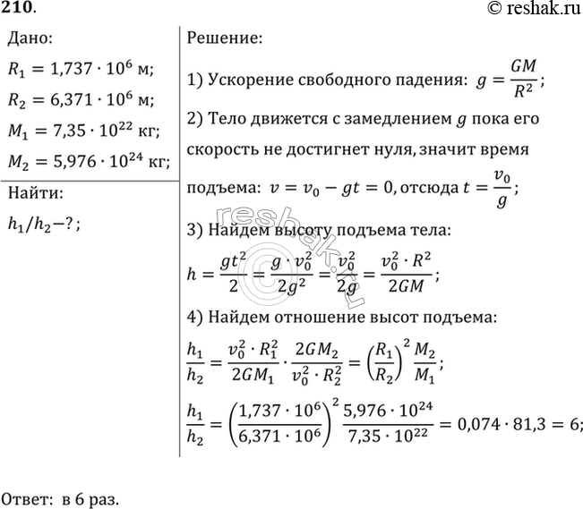 Изображение Во сколько раз больше высота подъема тела, брошенного вертикально вверх на Луне, чем на Земле, при одинаковой начальной...