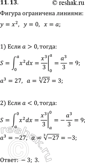 Изображение 11.13. При каких значениях а площадь фигуры, ограниченной линиями y=x^2, y=0 и x=a, равна...