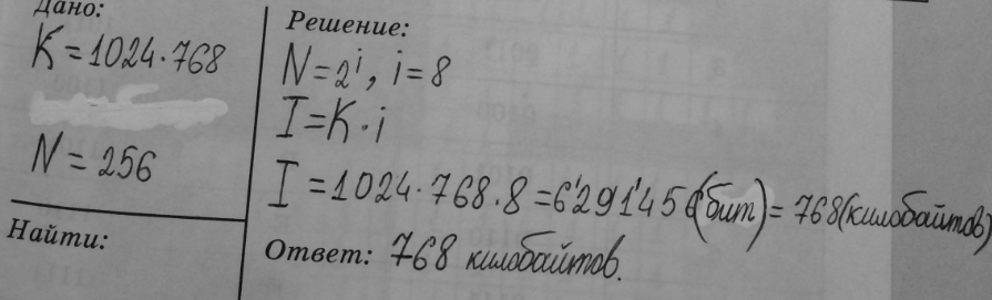Изображение 72.	Вычислите необходимый объём видеопамяти для графического режима, если разрешение экрана монитора 1024 x 768, а количество цветов в палитре 256.1 Kбайт=213...