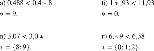 Изображение 155 Какие цифры можно подставить вместо звёздочки, чтобы полученное неравенство было верным:а) 0,488 < 0,4*8;	б) 1*,93 < 11,93;	в) 3,07 < 3,0*;г) 6,*9 <...