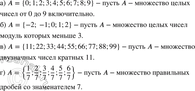 Изображение 742 Задайте множество А описанием:а) А = {0; 1; 2; 3; 4; 5; 6; 7; 8; 9};б) А = {-2; -1; 0; 1; 2};в) А = {11; 22; 33; 44; 55; 66; 77; 88; 99};г) A = {1/7; 2/7;...