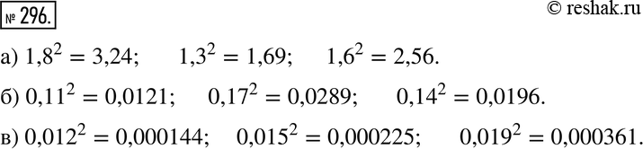 Изображение 296. Используя таблицу квадратов двузначных чисел, вычислите:а) 1,8^2; 1,3^2; 1,6^2; б) 0,11^2; 0,17^2; 0,14^2; в) 0,012^2; 0,015^2;...