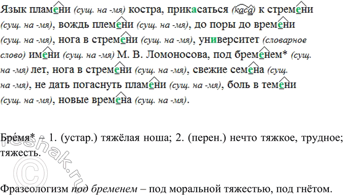 Изображение Спишите. Обозначьте условия выбора изучаемой орфограммы (см. образец в правиле). Найдите фразеологизм. Что он обозначает?Язык плам..ни костра, прикасаться к стрем.,...