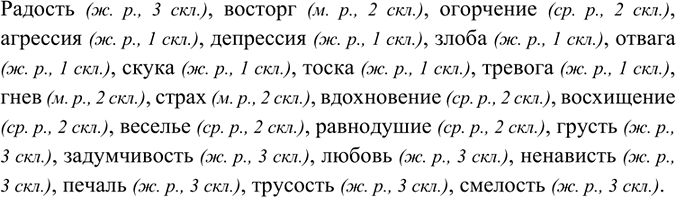 Изображение Подберите и запишите существительные, обозначающие состояние, настроение, чувства человека (радость, восторг, огорчение и т. д.). Определите их род и...