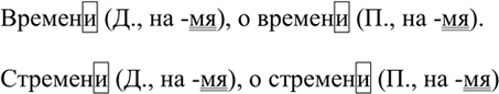 Изображение Запишите слова время, стремя в форме дательного и предложного падежей в единственном числе и обозначьте в них указанную ор фограмму.Образец К племени (Д., на -мя), о...