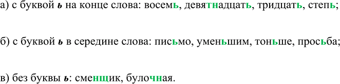 Изображение Сгруппируйте слова: а) с буквой ь на конце слова; б) с буквой ь в середине слова; в) без буквы ь.Пис(?)мо, восем(?), девят(?)надцать, умен(?)шим, тридцати), степ(?),...